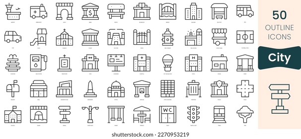 Conjunto de iconos de la ciudad. Iconos de estilo lineal delgado Empaquetar. Ilustración vectorial