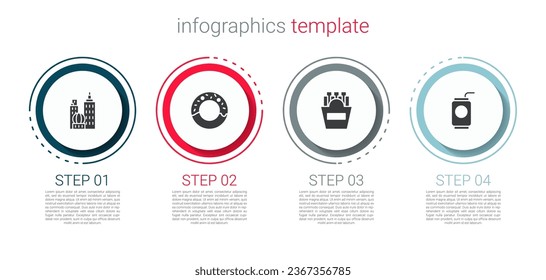 Set City landscape, Donut, Potatoes french fries in box and Soda can with straw. Business infographic template. Vector