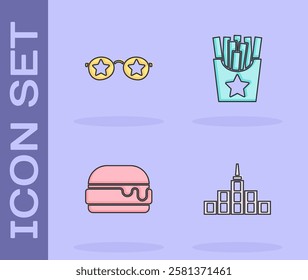 Set City landscape, Glasses with stars, Burger and Potatoes french fries in box icon. Vector