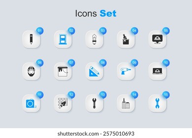 Set City landscape, Paint bucket, Closed door, Roulette construction, Wrench spanner, Worker safety helmet, Pencil with eraser and Triangular ruler pencil icon. Vector