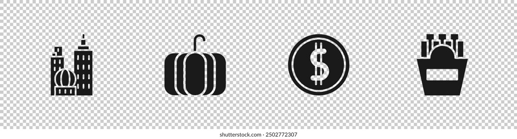 Set City landscape, Pumpkin, Coin money with dollar and Potatoes french fries box icon. Vector