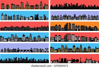 Set of city landscape silhouettes with houses and skyscrapers