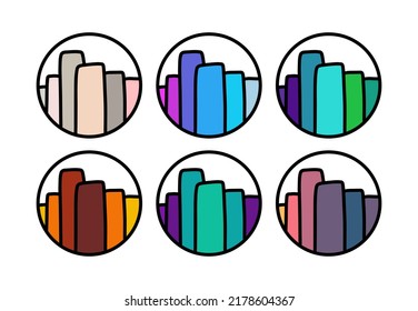 Set of city logo icon in cartoon doodle style vibrant colors landscape