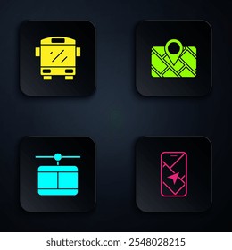 Set City map navigation, Bus, Cable car and Gps device with. Black square button. Vector