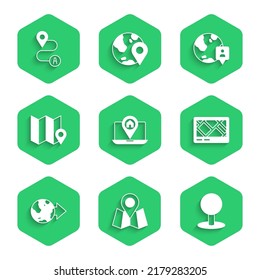 Set City map navigation, Folded with location marker, Push pin, Gps device, Location the globe,  and Route icon. Vector