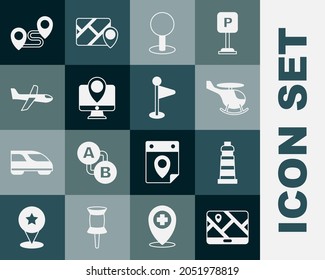 Set City map navigation, Lighthouse, Helicopter, Push pin, Monitor with location marker, Plane, Route and Location icon. Vector