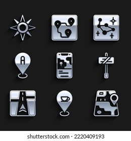 Set City map navigation, Location with coffee cup, Road traffic sign, Gps device, Great Bear constellation and Wind rose icon. Vector