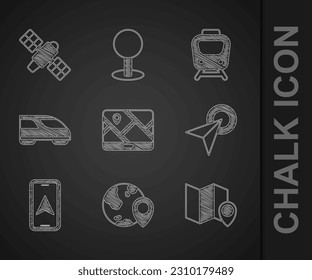 Set City map navigation, Location the globe, Folded with location marker, Infographic of city, High-speed train, Train and Satellite icon. Vector