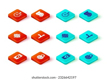 Set City map navigation, Location the globe, World with compass, Road traffic sign, Folded push pin and Compass icon. Vector