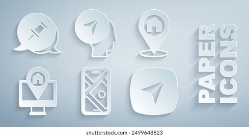 Set City map navigation, Location with house, Monitor location, Map marker human and Push pin icon. Vector