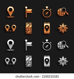 Set City map navigation, Magnifying glass with globe, Wind rose, Route location, Compass, Location and marker icon. Vector