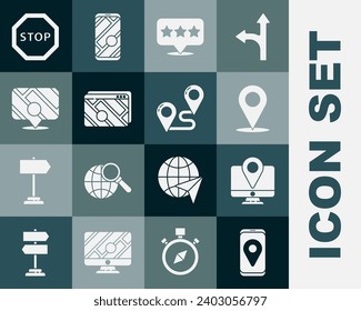Set City map navigation, Monitor with location marker, Location, Map pointer star, Infographic of city, Stop sign and Route icon. Vector