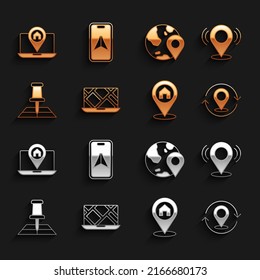 Set City map navigation, Map pin, Location with house, Folded location marker, the globe,  and  icon. Vector