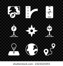 Set City map navigation, Road traffic sign, Compass mobile, Push pin, Earth globe, Route location, Parking and Wind rose icon. Vector