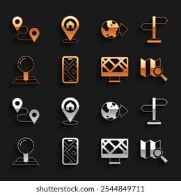 Set City map navigation, Road traffic sign, Search location, Monitor with, Folded marker, Location the globe, Route and house icon. Vector