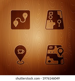 Set City map navigation, Route location, Location with coffee cup and  on wooden background. Vector
