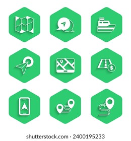 Set City map navigation, Route location, Toll road traffic sign, Infographic of city, Ship line path and Folded icon. Vector