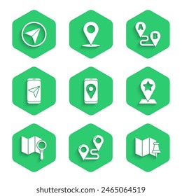 Set City map navigation, Route location, Folded with push pin, Map pointer star, Search,  and Infographic of city icon. Vector