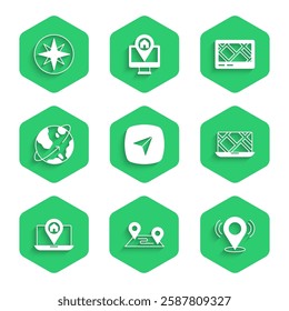 Set City map navigation, Route location, Map pin, Satellites orbiting the Earth, Gps device with and Wind rose icon. Vector