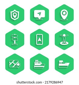 Set City map navigation, Ship line path, Location with person, Infographic of city, Road traffic sign, house and shield icon. Vector