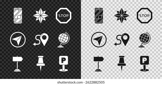 Set City map navigation, Wind rose, Stop sign, Road traffic, Push pin, Parking, Infographic of city and Route location icon. Vector