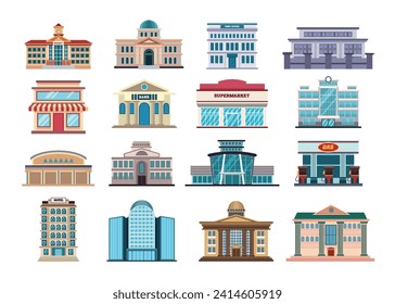 Set of city modern buildings, City landscape with skyscrapers, museum art, university, Post Office,Prison, restaurant, Supermarket, hospital, bank, airport, Gas Station, Government, courthouse, hotel.