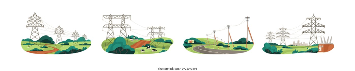 Set of city and nature landscapes with high-voltage electric power towers for energy transmission and distribution. Colored flat vector illustration of powerline network isolated on white background