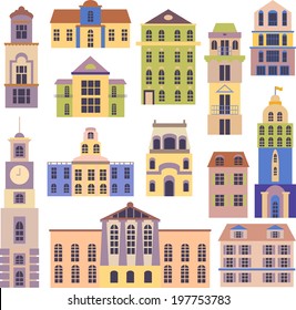 Set of city objects, different buildings, vector illustration