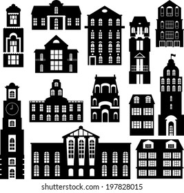 set of city objects, silhouettes of buildings, vector illustration