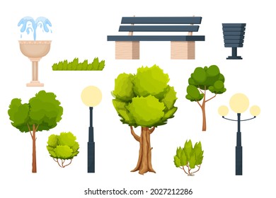 Set city park elements bench, grass, bush and tree, trash can, lamppost and fountain in cartoon style isolated on white background. Outdoor street decorations, nature elements. 