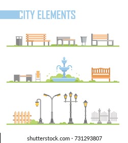 Set of city park elements - modern vector cartoon isolated illustration in flat design style on white background. Different benches, fountain, street lanterns, trash cans, fence, gates on a lawn