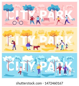 Set of City park horizontal banners template. People enjoying in public garden. Summer, Autumn and Winter Outdoors activities. Flat Art Vector illustration