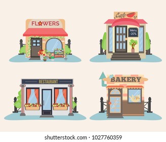 Set of city public buildings. Restaurants and shops facade icons. Bakery, flowers, cafe and restaurant.