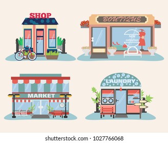 Set of city public buildings. Restaurants and shops facade icons. Shop and market, laundry and boutique.