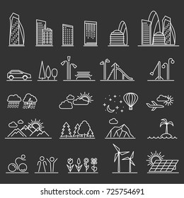 Set of city scenery elements and buildings in linear icons. Isolated on black backgronds. Urban line icons perfect for business contents, graphic design. Vector illustration