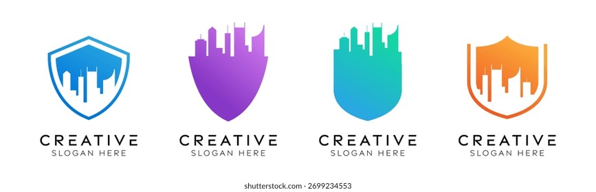 Conjunto de modelos de design de logotipo do escudo da cidade. Moderno escudo isolado com projeto de cidade para proteção, estabilidade e urbano.