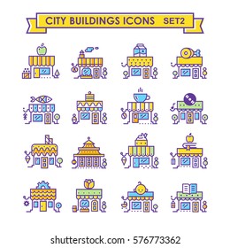 Set of city Shop and store buildings. Part 2. Flat isolated vector illustration on white background. Linear stokes and fills.   