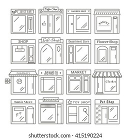 Set of City Shops and Stores Buildings Icons. Line style vector illustration.