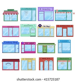 Set of City Shops and Stores Buildings Icons. Flat style vector illustration.
