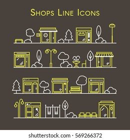 Set of City Shops and Stores Buildings Icons. Line style vector illustration.