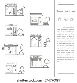 Set of City Shops and Stores Buildings Icons. Line style vector illustration.