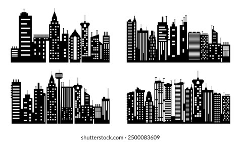 set of City silhouette in flat style. Modern urban landscape. Vector illustration. City skyscrapers building office skyline on white background