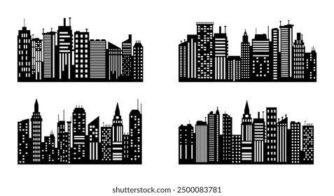 set of City silhouette in flat style. Modern urban landscape. Vector illustration. City skyscrapers building office skyline on white background