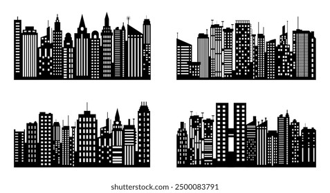 Set von City Silhouette im flachen Stil. Moderne Stadtlandschaft. Vektorgrafik. Wolkenkratzer Gebäude Büro Skyline auf weißem Hintergrund