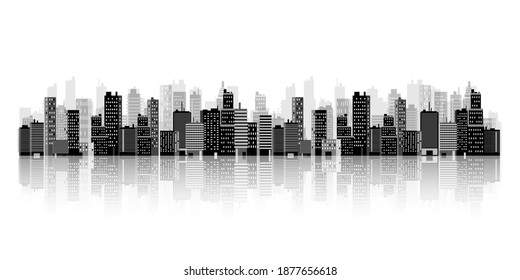 Set of city silhouettes. Cityscape. Town skyline. Panorama. Midtown houses skyscrapers. Vector illustration.