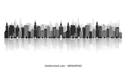 Set of city silhouettes. Cityscape. Town skyline. Panorama. Midtown houses skyscrapers. Vector illustration.