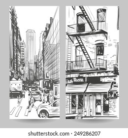Set of city sketch banner design elements hand drawn, vector illustration