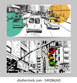Set of city sketch banner design elements, vector illustration