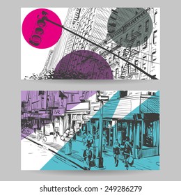 Set of city sketch banner design elements, vector illustration