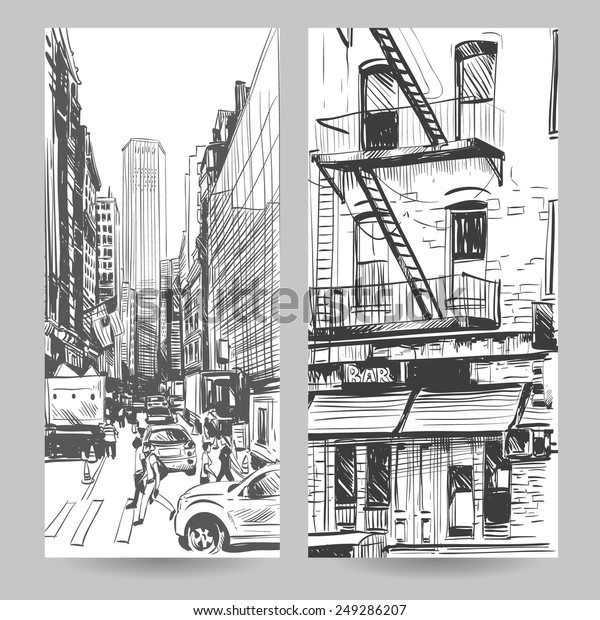 Set of city sketch banner design elements\
hand drawn, vector\
illustration